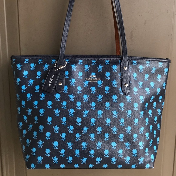 Coach Handbags - Coach City Zip Tote Navy with Blue Roses Authentic